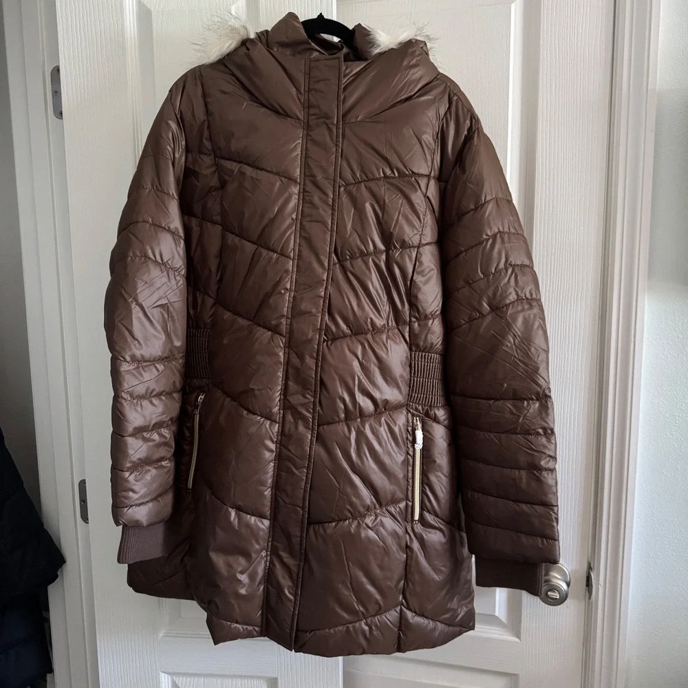 30 First Brown Puffer Parka Faux Fur Hood Cinched Waist Winter Coat Womens 3XL